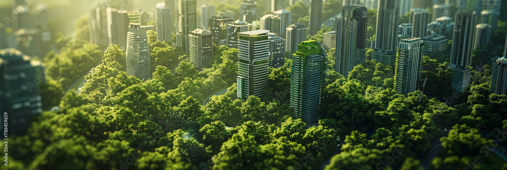 Fototapeta premium A green cityscape model with skyscrapers and buildings nestled among lush trees, representing the concept of sustainable urban development. green building, eco friendly building concept