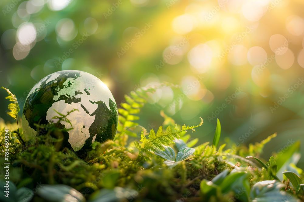 A green world globe in nature, symbolic ecological concept for environmental protection, nature conservation, Earth care, sustainable development