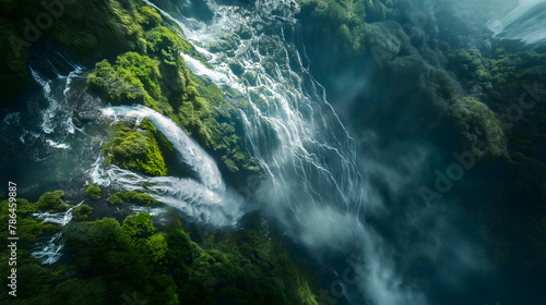 Majestic Aerial View of a Lush Green Waterfall Amidst Clouds