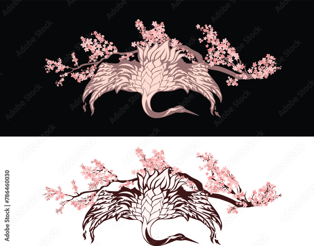 Fototapeta premium sakura tree flower branches and japanese crane flying with spread wings - elegant asian bird spring season vector design on white and black background
