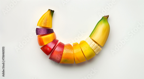 A colorful banana made of sliced fruits against a white background