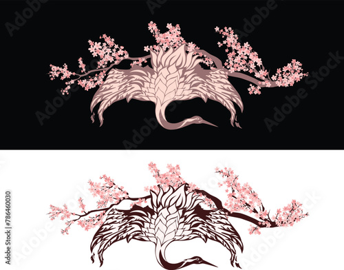 sakura tree flower branches and japanese crane flying with spread wings - elegant asian bird spring season vector design on white and black background