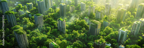 A green cityscape model with skyscrapers and buildings nestled among lush trees, representing the concept of sustainable urban development. green building, eco friendly building concept photo