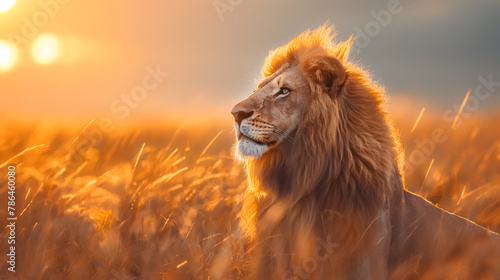 Majestic Lion in Golden Hour Light on African Savannah