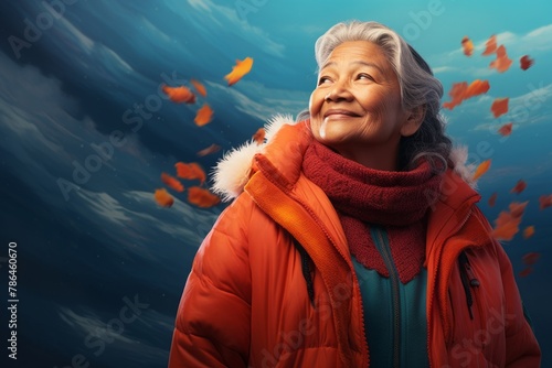 Portrait of a grinning indian woman in her 60s wearing a warm parka over vibrant coral reef