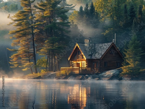 A tranquil lakeside cabin nestled among tall pine trees, with mist rising from the water's surface rustic charm Soft morning light bathes the scene, evoking a sense of peace and serenity