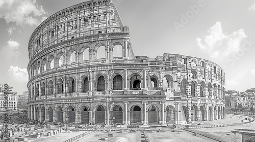 Postcard. An ink sketch of the ancient Roman Colosseum, showing its grandeur and the intricate details of its arches and stonework, evoking the historical essence of Rome, Italy