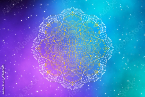 Beautiful floral mandala on fantasy galaxy background.
