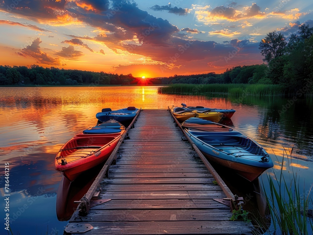 A tranquil lakeside pier at sunset, with colorful kayaks lined up along the dock and the sky ablaze with fiery hues evening tranquility Warm, golden lighting casts a serene glow over the scene