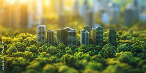 A green cityscape model with skyscrapers and buildings nestled among lush trees, representing the concept of sustainable urban development. green building, eco friendly building concept