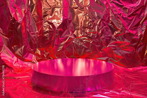 A pink metallic cylinder sits on a reflective pink surface against a backdrop of crumpled pink mylar. photo
