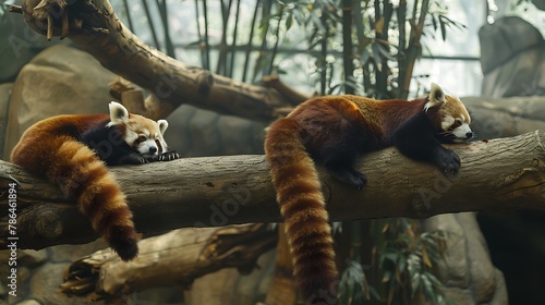Crimson Guardians: A Pair of Red Pandas, Playfully Prowling Amidst Lush Foliage, Their Fiery Coats Illuminating the Serene Forest Canopy with Endearing Charm and Enchantment. photo
