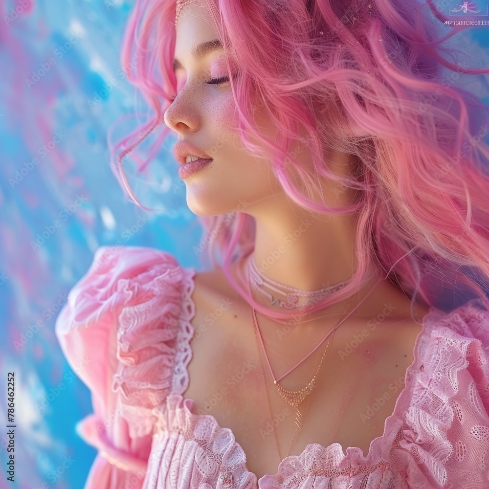 Woman with pink hair in pink dress