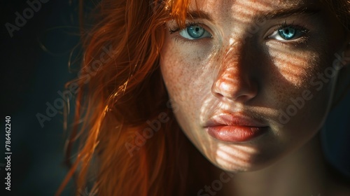 FAce close up of red haired woman with blue eyes illuminated in the style of sunlight through a window.