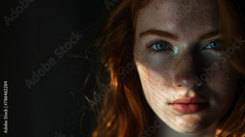 red haired woman with blue eyes in a dark room, illuminated in the style of sunlight through a window, a shadow on her face, © grigoryepremyan