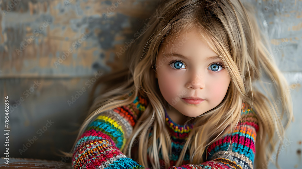 Adorable little girl with long blond hair in a colorful sweater representing the autism spectrum for World Autism Awareness Day. Adorable little girl with long blond hair in a colorful sweater representing the autism spectrum for World Autism Awareness Day.