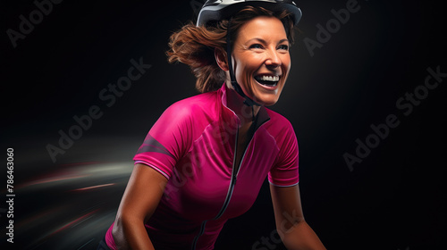 Fitness Enthusiast: Happy Brunette Woman Smiling on Bicycle in Pink Gear