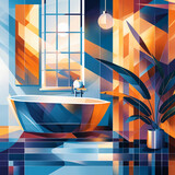 Vector illustration of a mordern bathroom with window and bathtub, wash basin and potted plant