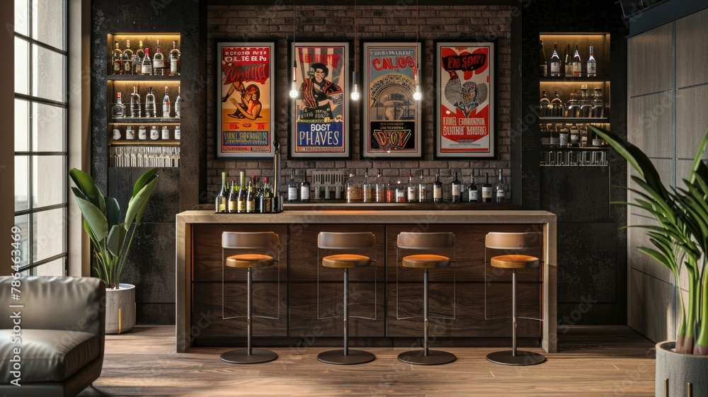 sophisticated home bar area with framed vintage circus posters adding a splash of color and nostalgia, paired with modern stools and lighting