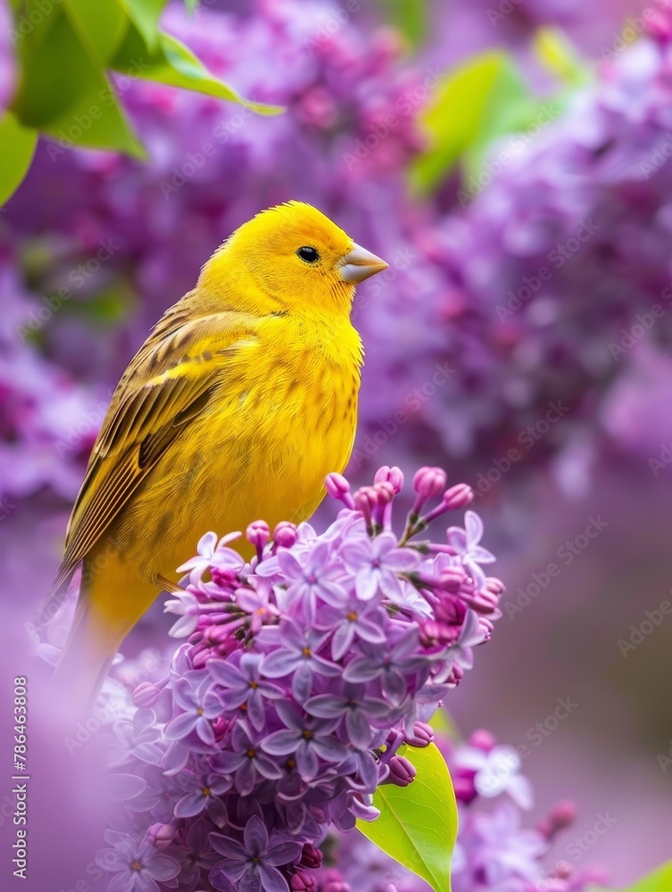 A brilliant golden canary sits perched within a captivating cluster of fragrant lilac blossoms, creating a striking natural scene of vibrant color and delicate beauty. A brilliant golden canary sits perched within a captivating cluster of fragrant lilac blossoms, creating a striking natural scene of vibrant color and delicate beauty.