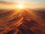 A vast desert landscape with towering sand dunes stretching to the horizon, bathed in the warm glow of the setting sun endless expanse The golden hour light creates dramatic shadows and highlights
