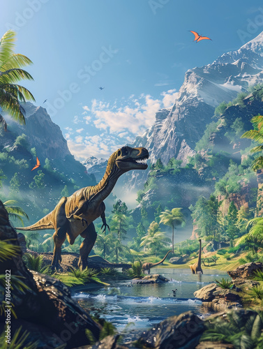 A breathtaking prehistoric landscape featuring towering mountains, lush forests, and cascading waterfalls, with majestic pterodactyls soaring through the azure sky above a diverse array of dinosaur. photo