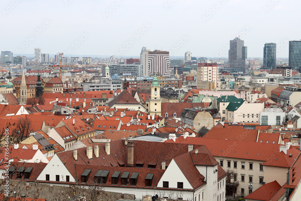 Obraz premium View of Bratislava from the Old Town. Red roofed houses from above. Spring in Europe. 