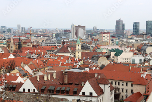 View of Bratislava from the Old Town. Red roofed houses from above. Spring in Europe. 