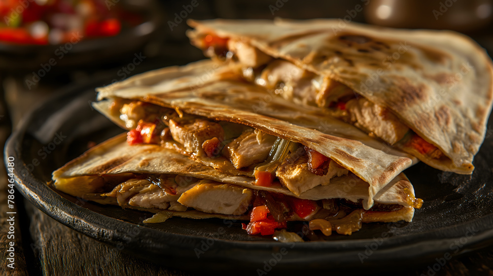 Delicious Grilled Chicken Quesadillas on Wooden Table Delicious Grilled Chicken Quesadillas on Wooden Table