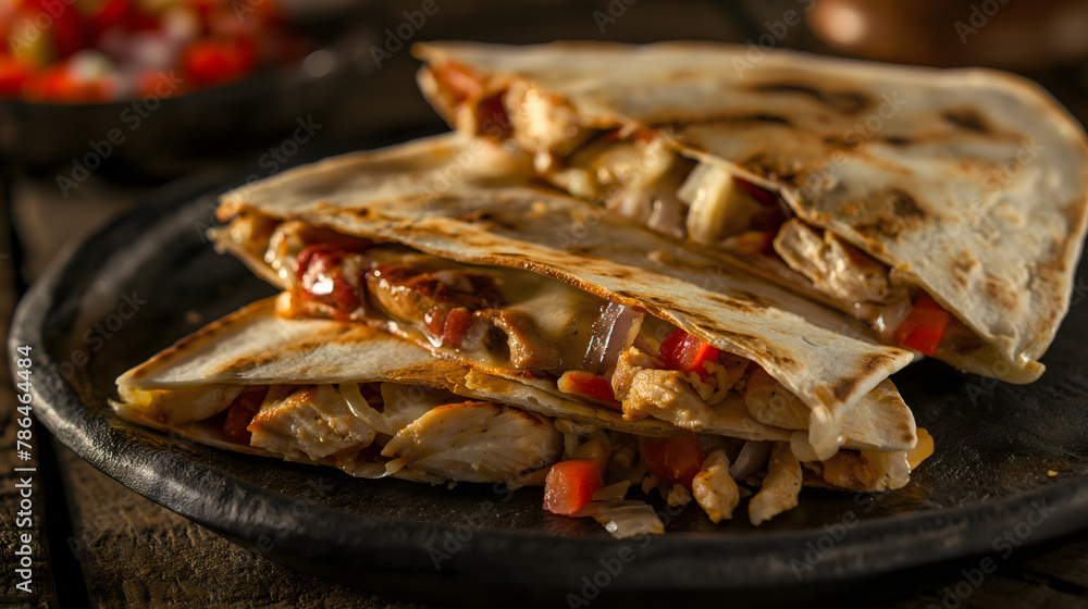 Delicious Grilled Chicken Quesadillas on Wooden Table Delicious Grilled Chicken Quesadillas on Wooden Table