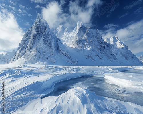 Majestic mountain range under a hazy sky, with peaks covered in pristine white snow, conveying winter's awe-inspiring beauty.