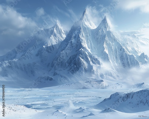 Majestic mountain range under a hazy sky, with peaks covered in pristine white snow, conveying winter's awe-inspiring beauty.