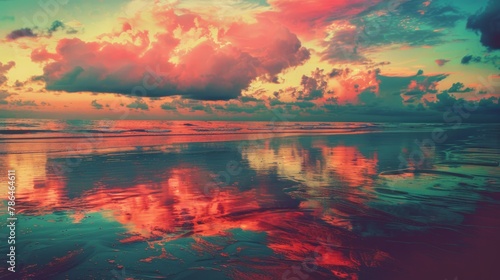 colorful sunset in the sea with reflections and clouds - vintage retro look