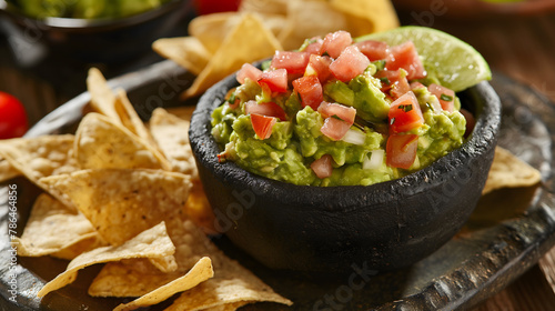 Traditional Mexican Guacamole in a Molcajete with Tortilla Chips photo