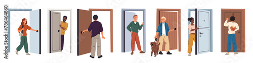 People in doorways. Persons come out or in. House entrances and exits. Open and closed doors. Knocking woman. Man peeking out. Guy and girl leaving home with dog. Garish vector set © VectorBum
