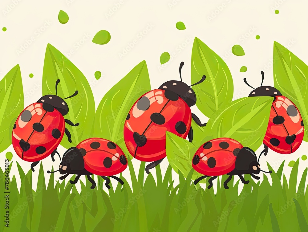 Digital illustration of two red ladybugs with black spots crawling on vibrant green leaves in a lush environment..