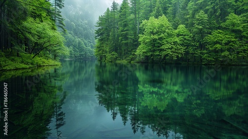 A tranquil forest scene with dense green trees perfectly reflected in the still, glass-like surface of a serene lake.