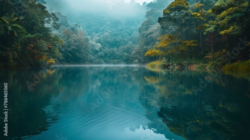 A tranquil forest scene with dense green trees perfectly reflected in the still  glass-like surface of a serene lake.