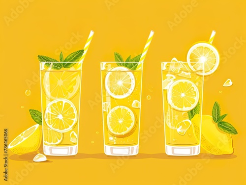 Vivid illustration of tall glasses full of lemonade, complete with lemon slices and fresh mint, set against a fresh green backdrop..