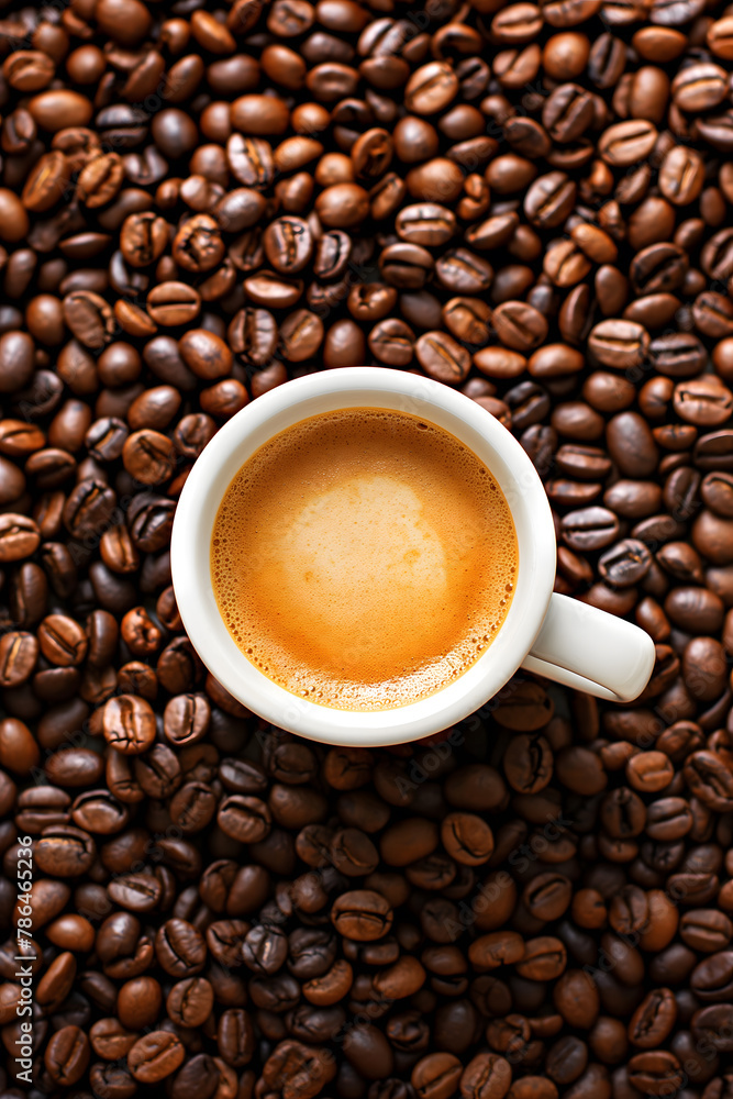 Freshly Brewed Coffee in a Black Cup Surrounded by Coffee Beans Freshly Brewed Coffee in a Black Cup Surrounded by Coffee Beans