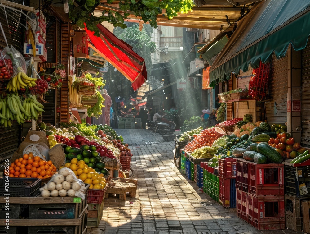 A vibrant street market bustling with activity as vendors sell colorful produce and wares cultural vibrancy Sunlight filters through awnings, casting dynamic shadows and highlighting the lively