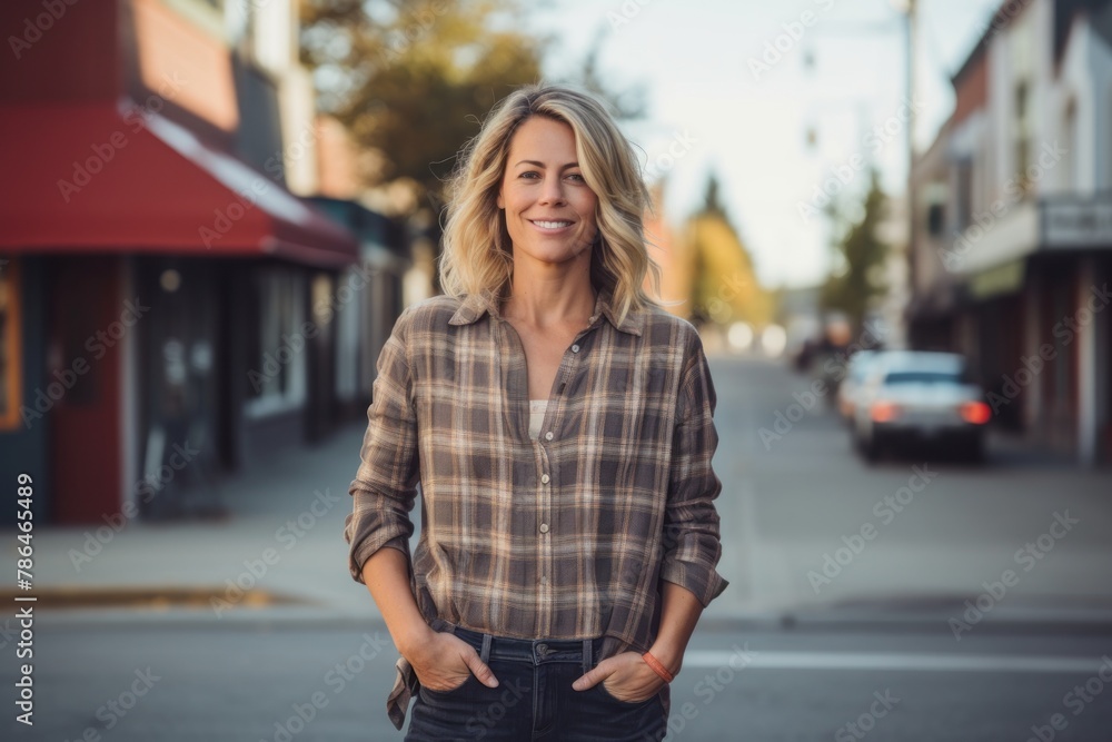 Portrait of a glad woman in her 40s dressed in a relaxed flannel shirt in charming small town main street Portrait of a glad woman in her 40s dressed in a relaxed flannel shirt in charming small town main street