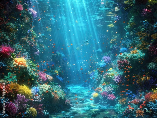 A vibrant underwater coral reef teeming with colorful fish and exotic marine life, with shafts of sunlight filtering through the clear blue water underwater wonderland The beauty of the reef