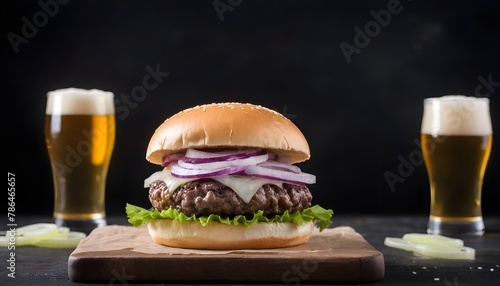 Burgers with beer on black rustic background