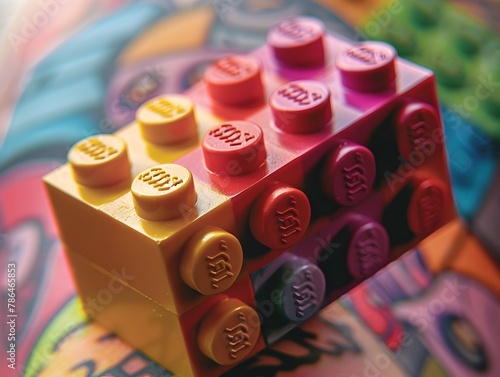 Vibrant and Tattooed Lego Brick with Geometric Patterns and Vibrant Colors