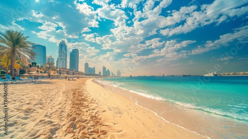 Dubai jumeirah beach with marina skyscrapers in UAE. Popular public JBR beach photo