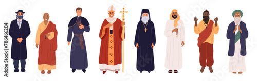 Different religions priests. Religious characters in ceremonial clothes. God worship. Christian and Muslim. Various faith prayers. Judaism, Islam or Hindu people. Garish vector set