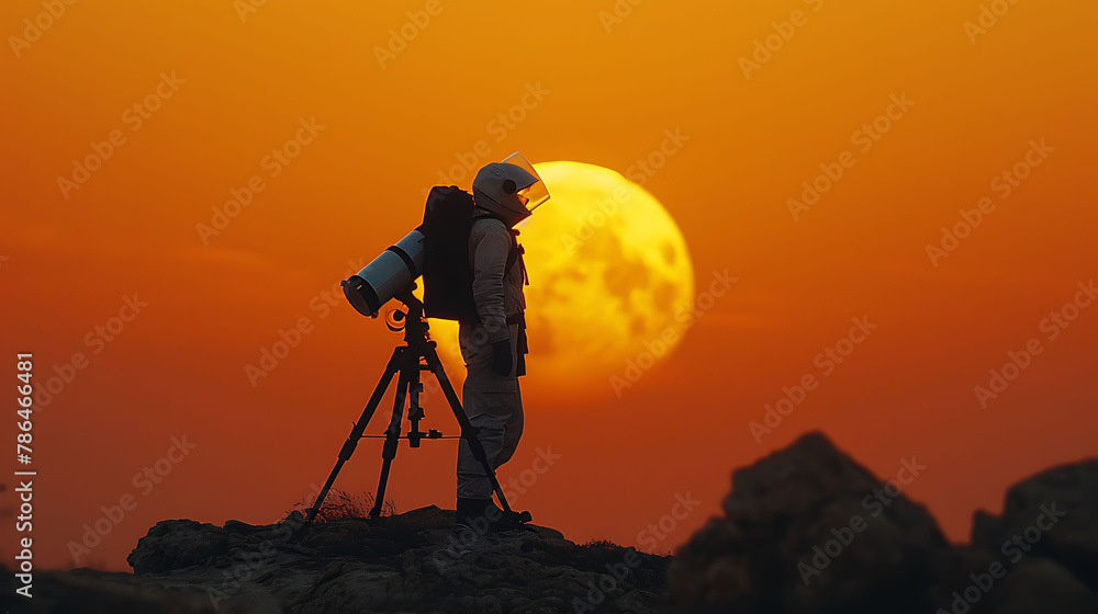 Silhouette of a person against a sunset, holding a telescope, science and technology, copy space