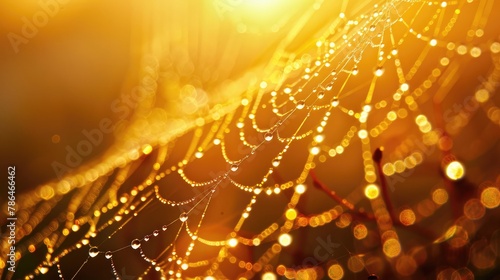 Concept of dew drops glistening on a spider's web at sunrise. © Ulee