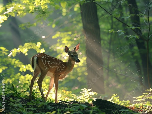 An ancient forest canopy dappled with sunlight, as a deer cautiously emerges from the shadows timeless tranquility Soft, diffused light filters through the foliage, casting enchanting patterns